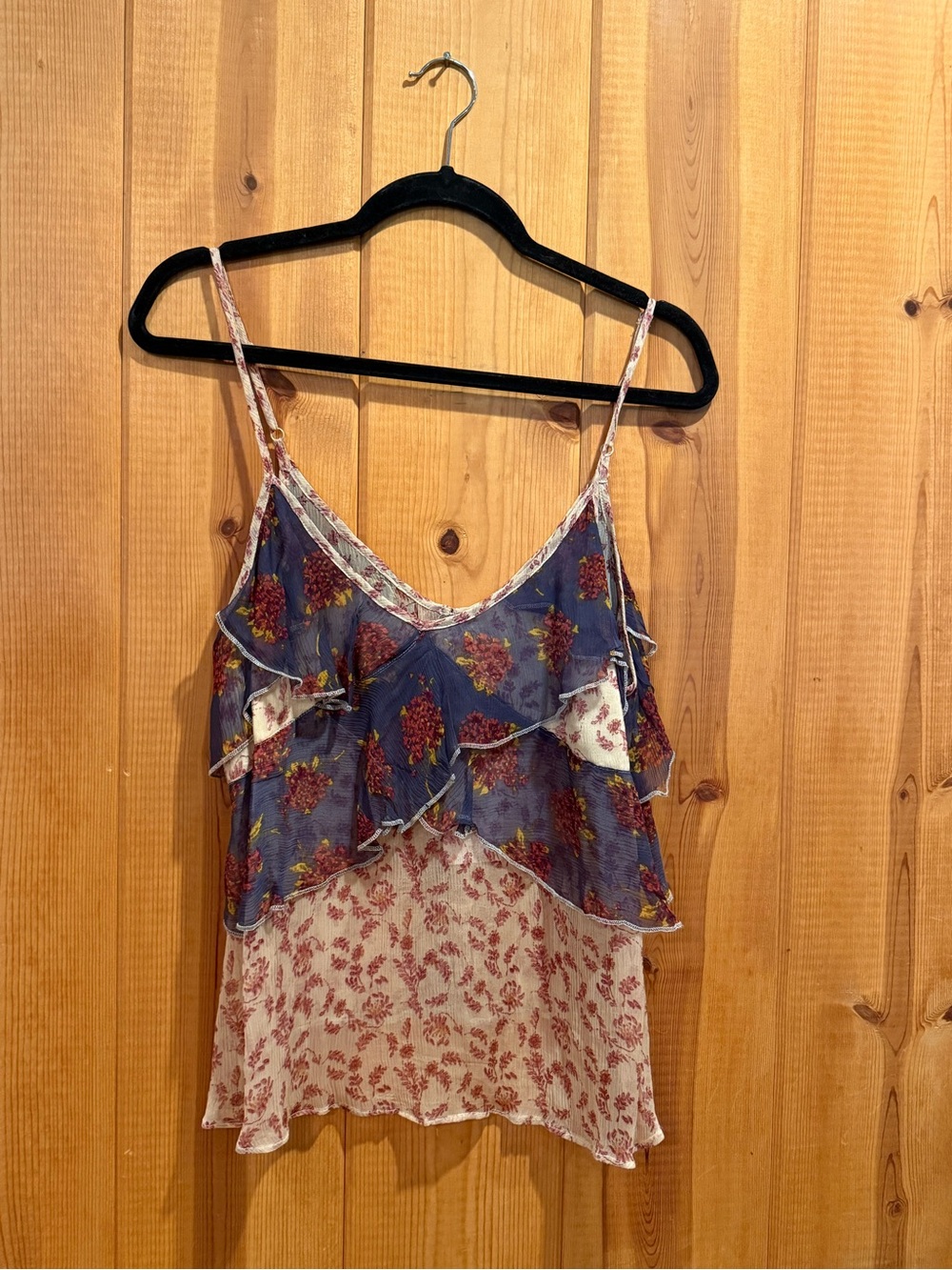 Free People Floral Layered Ruffle Cami Tank Top - Blue & Cream